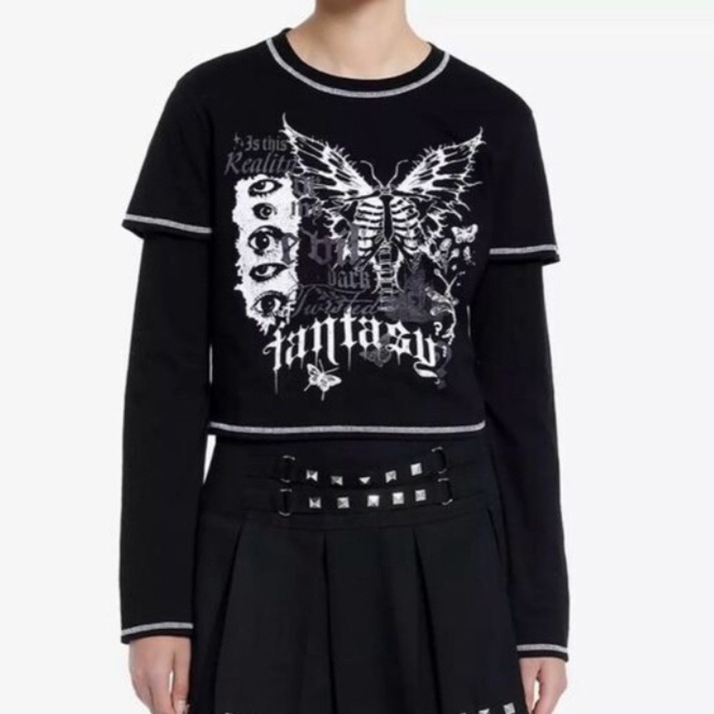 Social Collision Black Graphic Butterfly Bell Sleeve Top Size XL